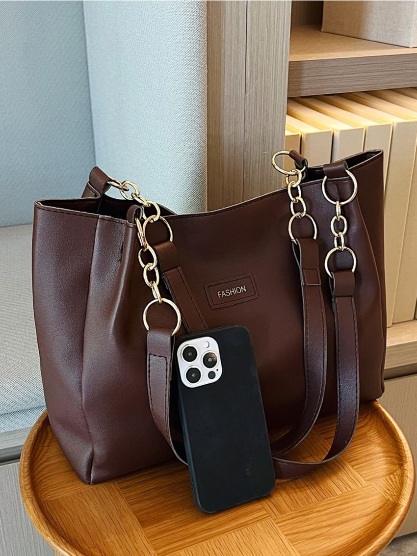 Letter Patch Decor Chain Shoulder Tote Bag