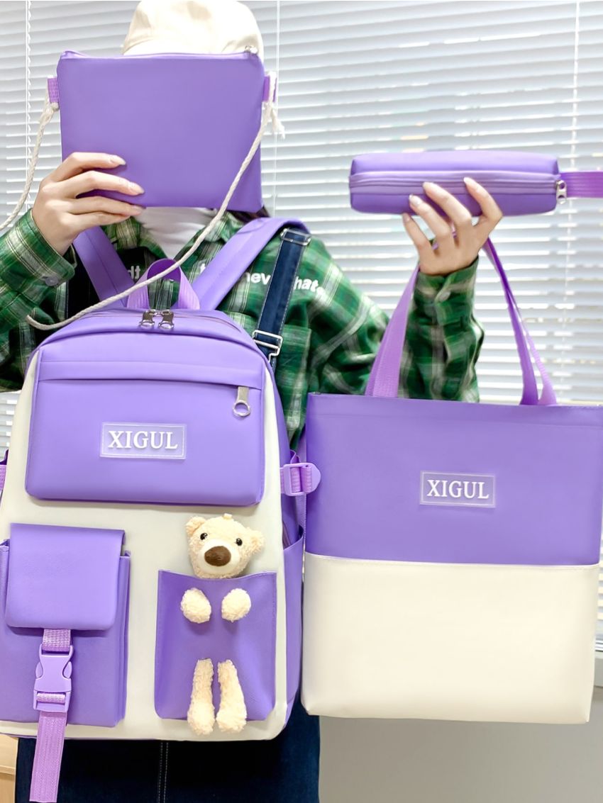 4pcs Letter Patch & Cartoon Bear Decor Functional Backpack Set