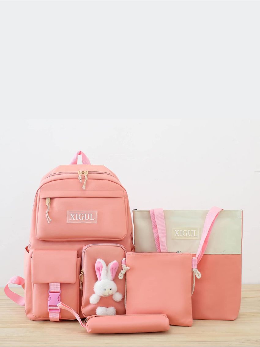 4pcs Cartoon Rabbit & Letter Patch Decor Functional Backpack Set