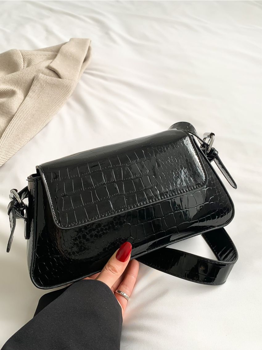 Geometric Embossed Flap Baguette Bag