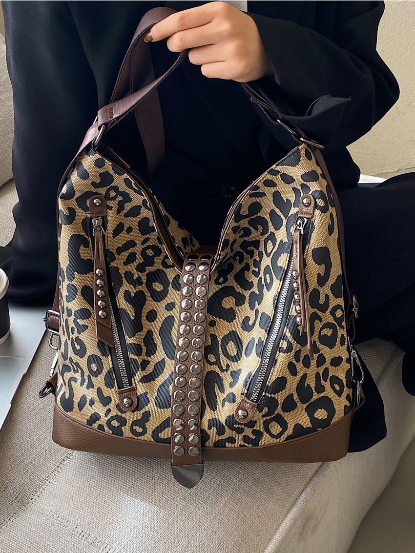 Leopard Pattern Studded Decor Hobo Bag