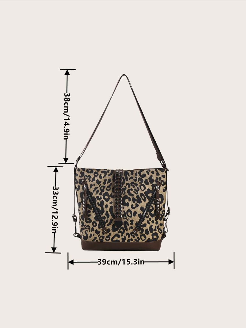 Leopard Pattern Studded Decor Hobo Bag
