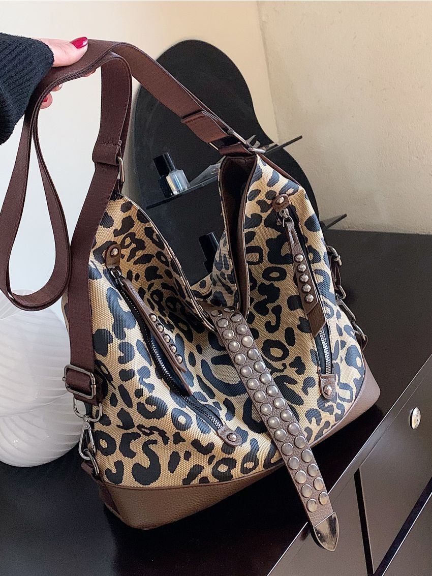 Leopard Pattern Studded Decor Hobo Bag