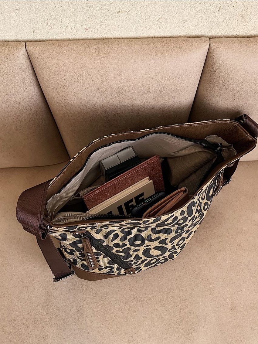 Leopard Pattern Studded Decor Hobo Bag