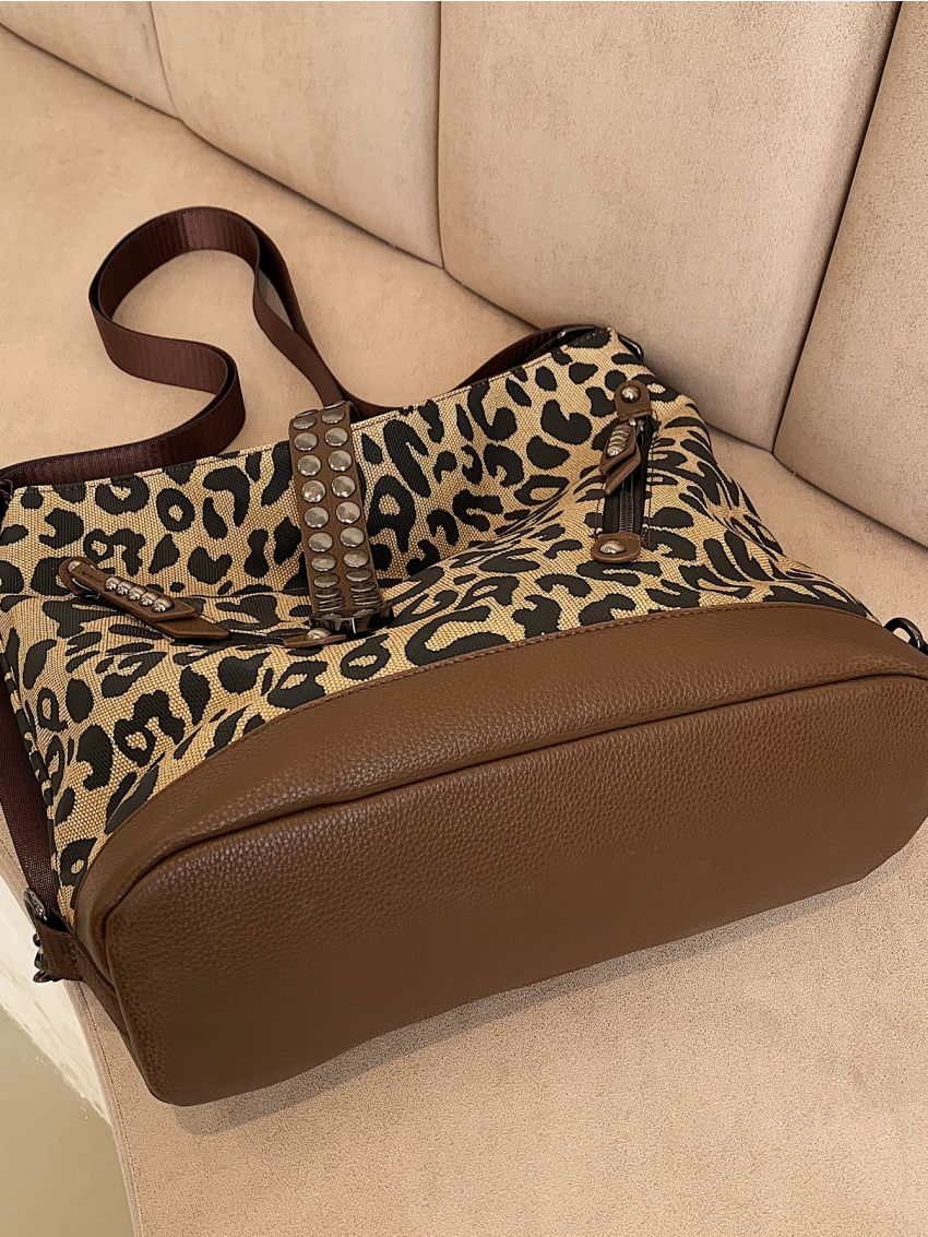 Leopard Pattern Studded Decor Hobo Bag
