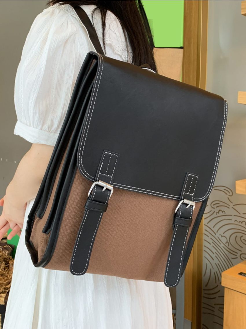 Two Tone Buckle Decor Flap Backpack