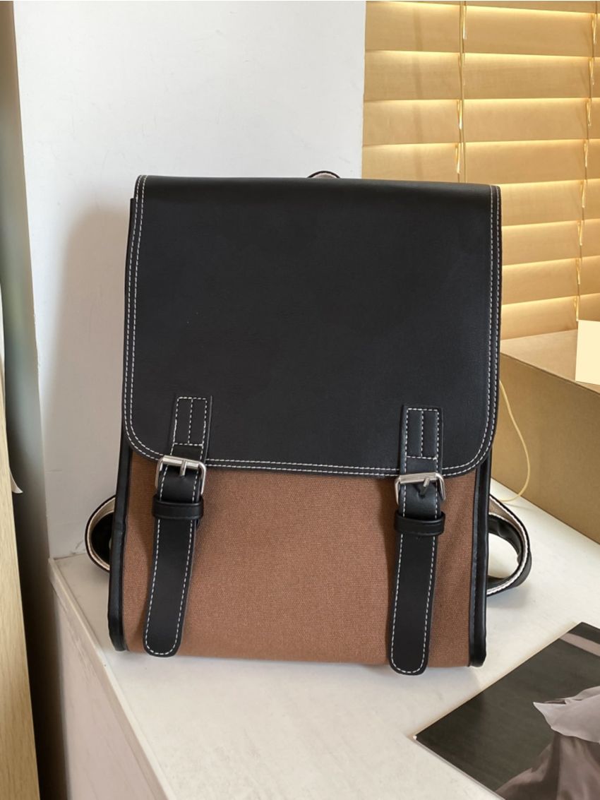 Two Tone Buckle Decor Flap Backpack