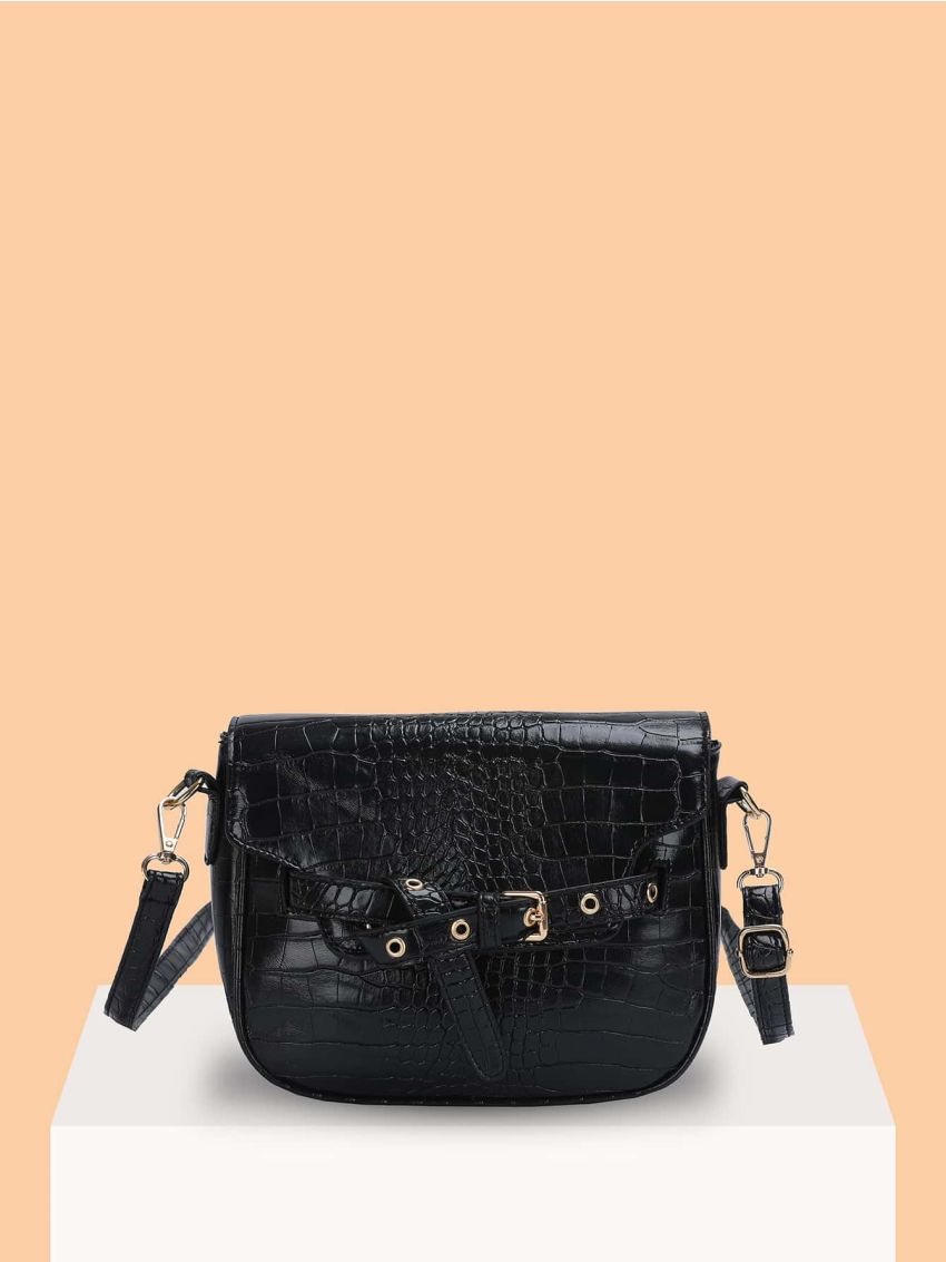Crocodile Embossed Buckle Decor Flap Square Bag