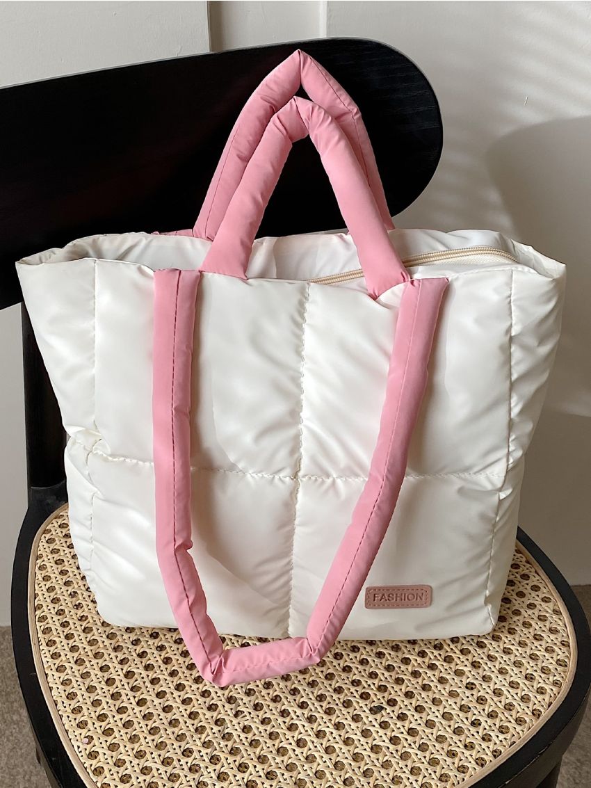 Letter Patch Decor Quilted Top Handle Bag