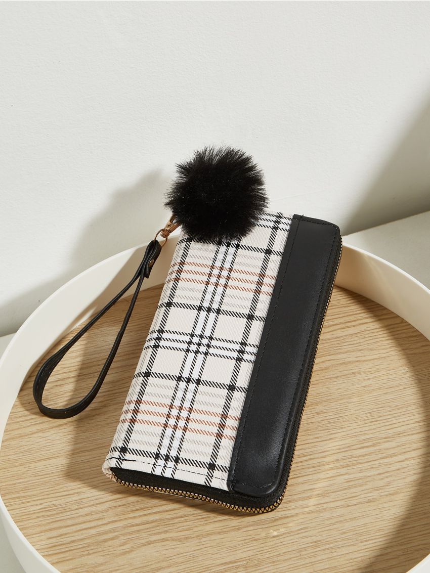 Plaid Pattern Pom Pom Decor Long Wallet