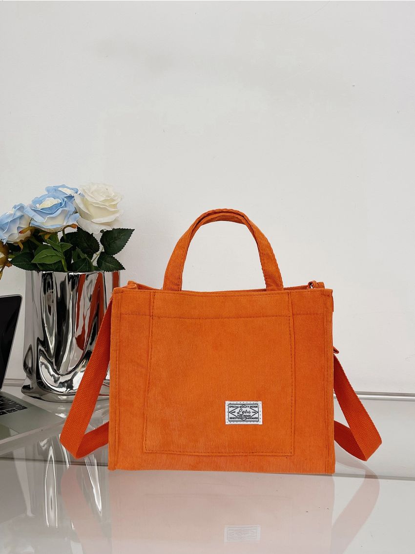 Patch Detail Shopper Bag Orange Polyester For Shopping