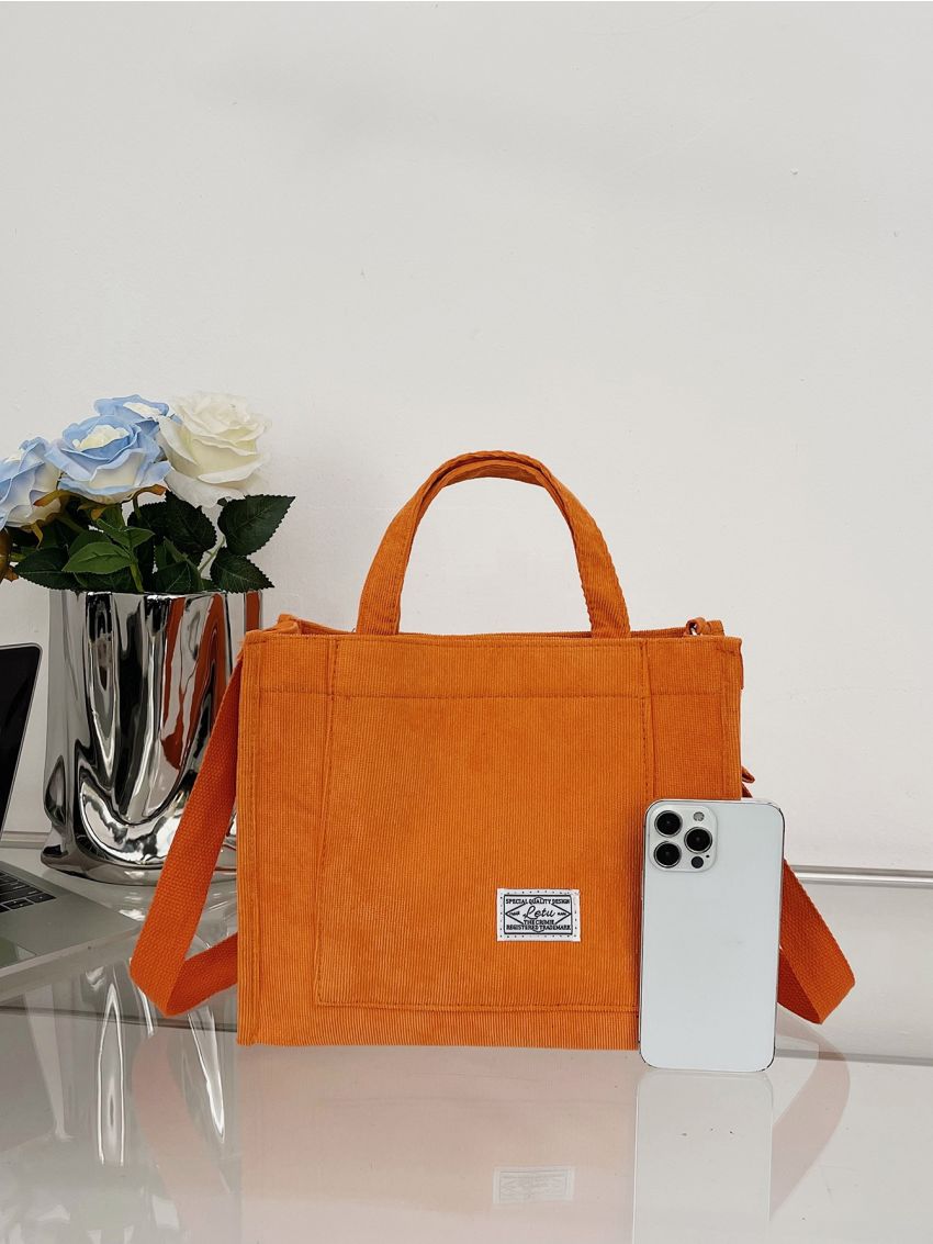 Patch Detail Shopper Bag Orange Polyester For Shopping