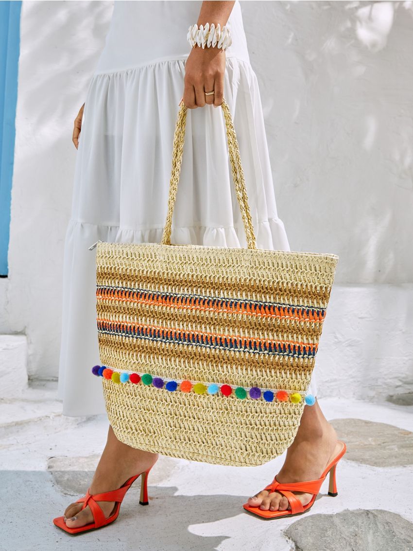 VCAY Color Block Pompom Decor Straw Bag