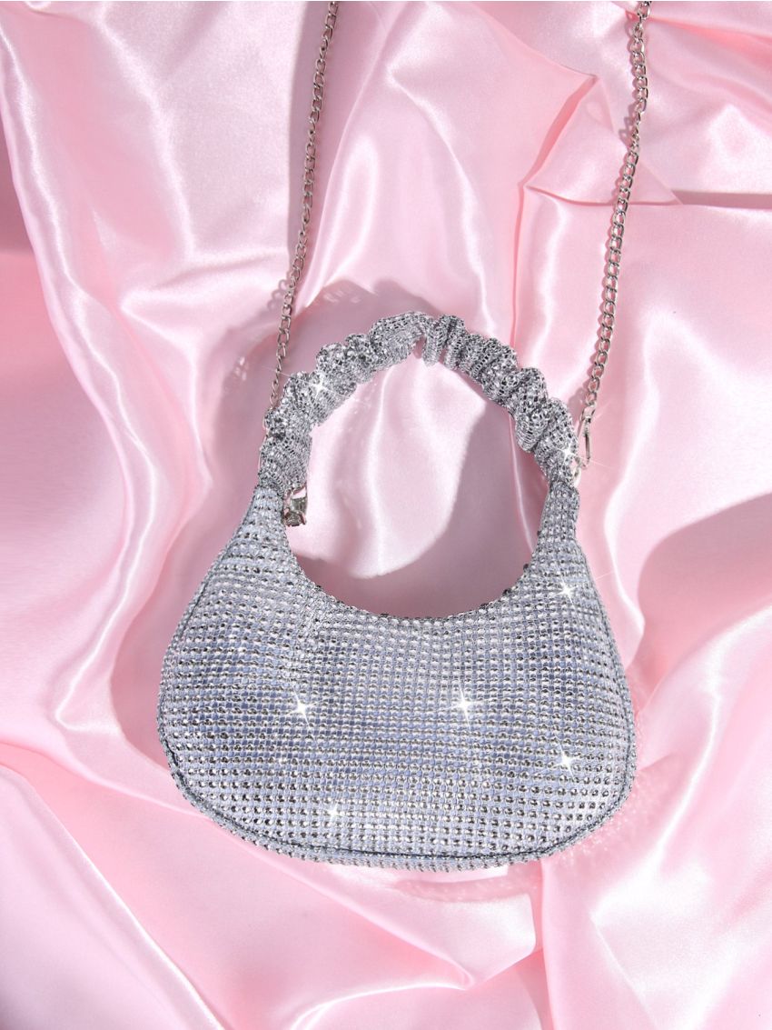 Rhinestone Decor Ruched Top Handle Hobo Bag