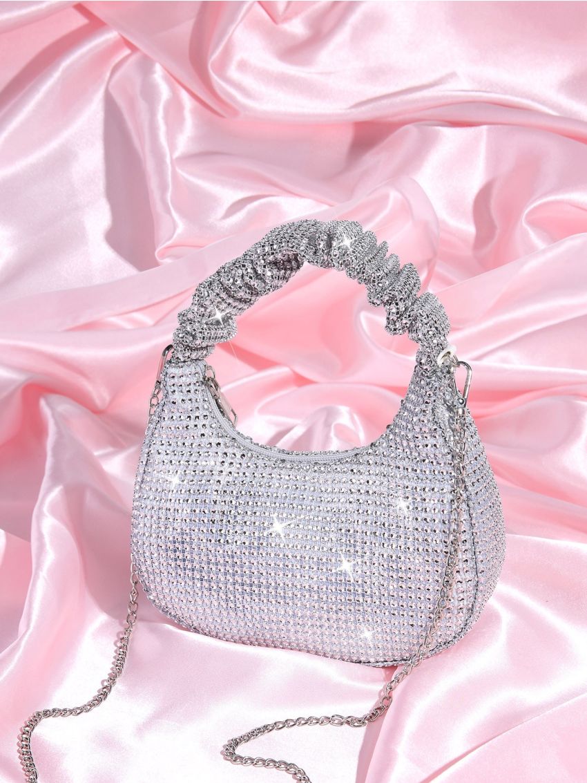 Rhinestone Decor Ruched Top Handle Hobo Bag