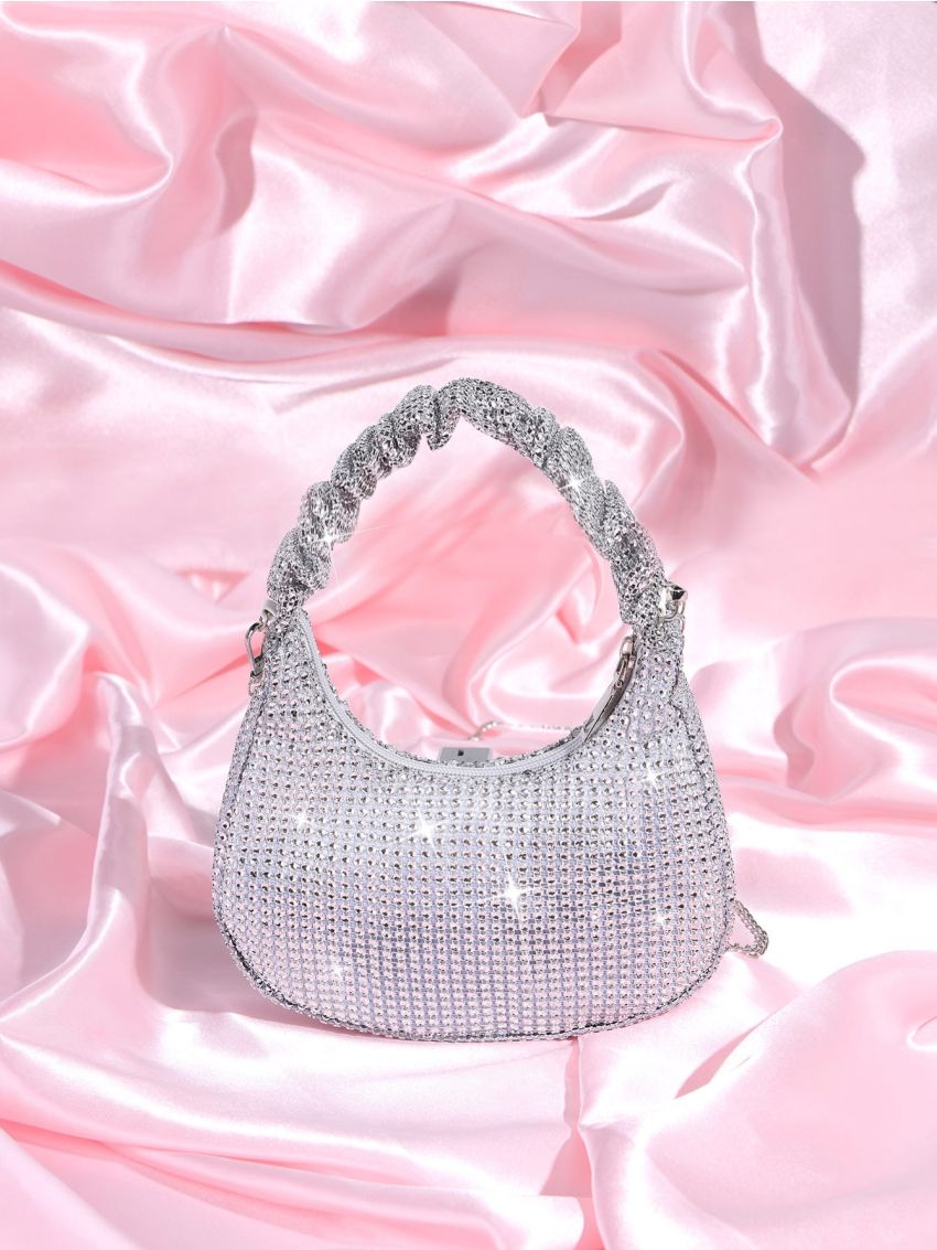 Rhinestone Decor Ruched Top Handle Hobo Bag