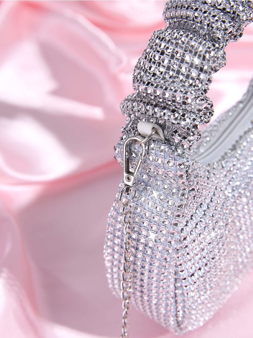 Rhinestone Decor Ruched Top Handle Hobo Bag
