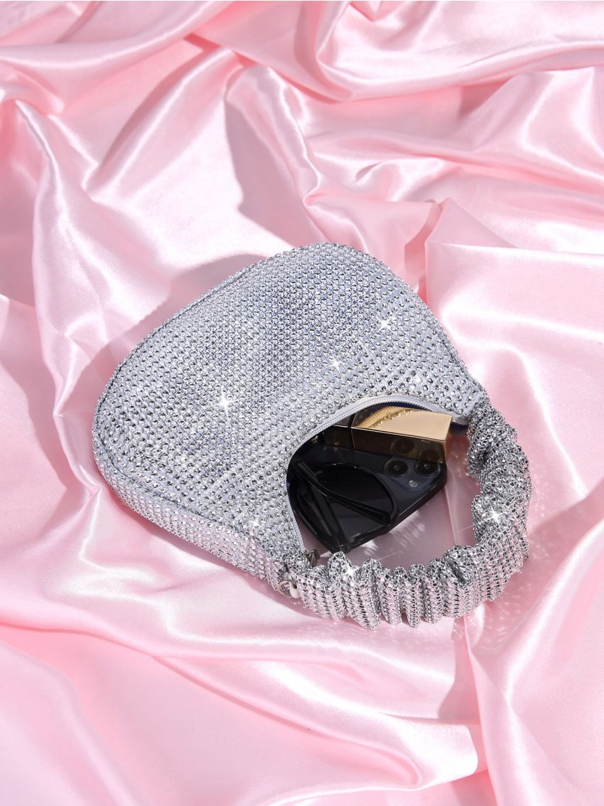 Rhinestone Decor Ruched Top Handle Hobo Bag