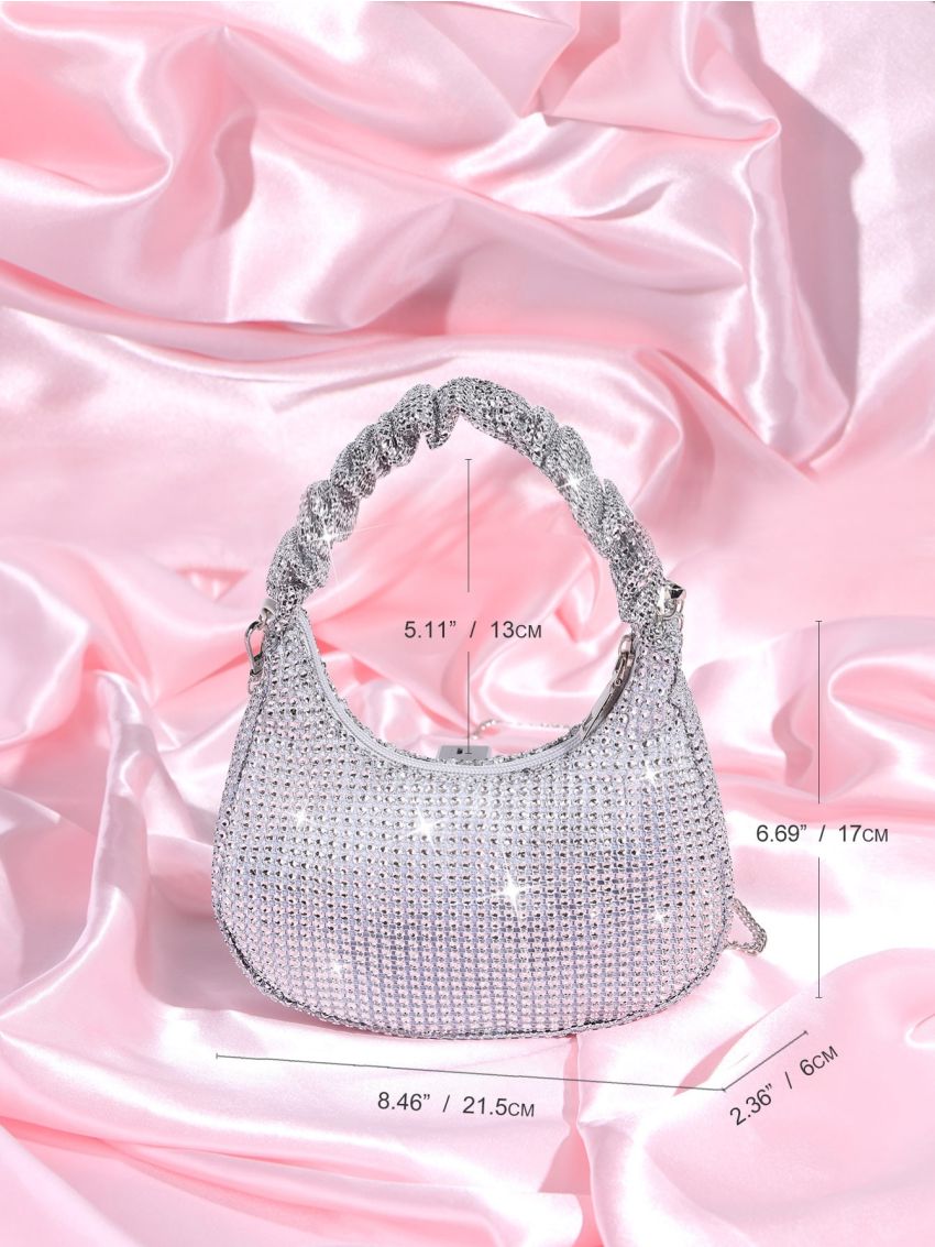Rhinestone Decor Ruched Top Handle Hobo Bag