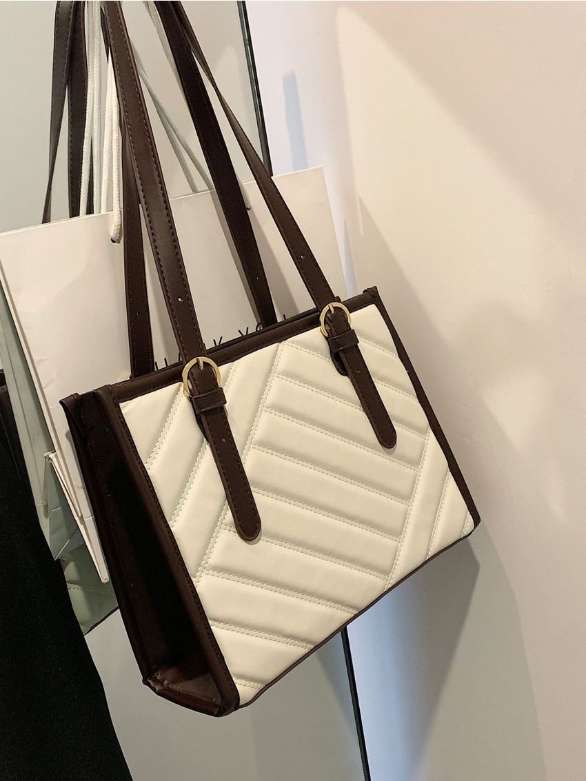 Quilted Contrast Binding Buckle Decor Square Bag