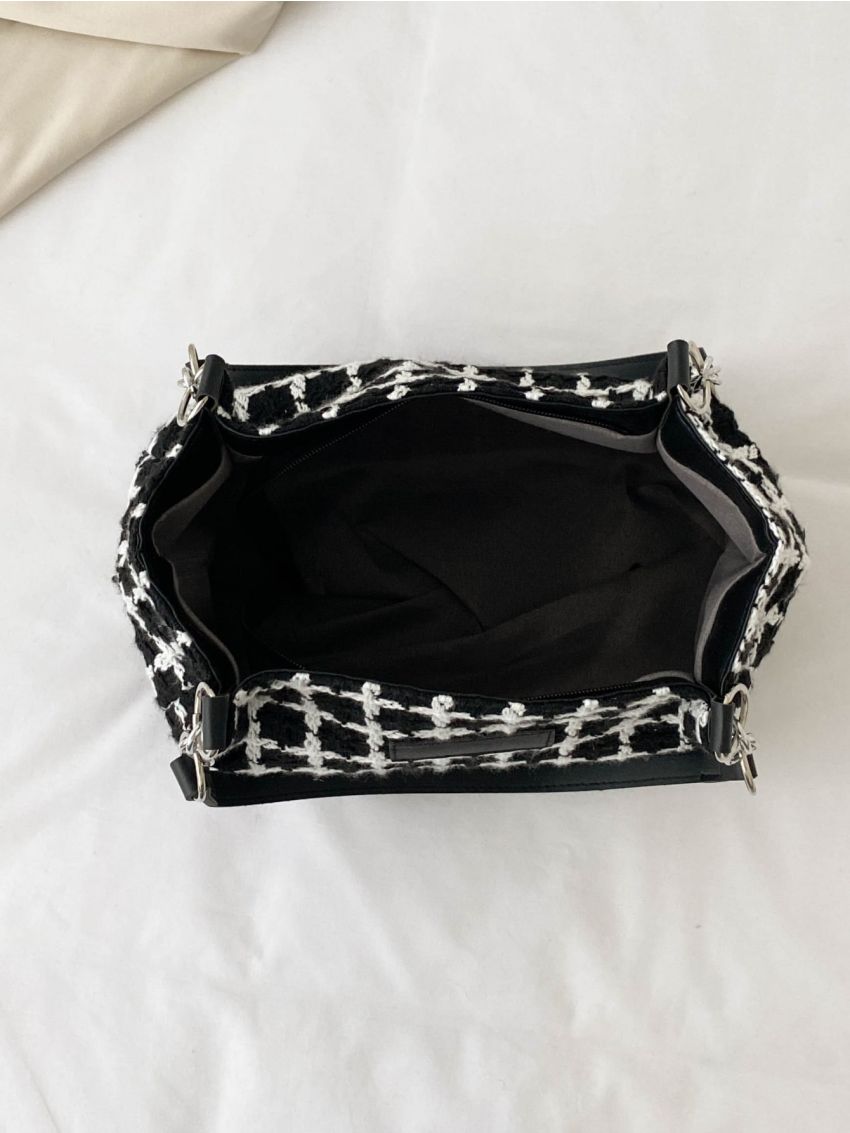 Plaid Pattern Patch Decor Chain Shoulder Tote Bag