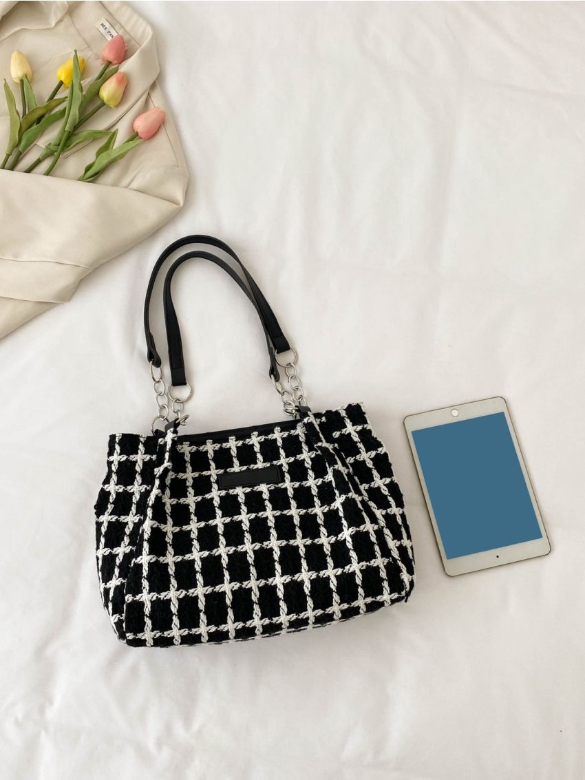 Plaid Pattern Patch Decor Chain Shoulder Tote Bag