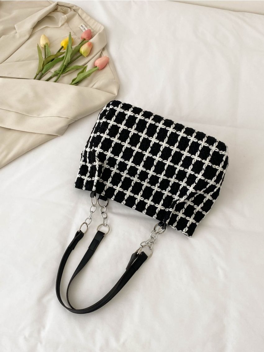 Plaid Pattern Patch Decor Chain Shoulder Tote Bag