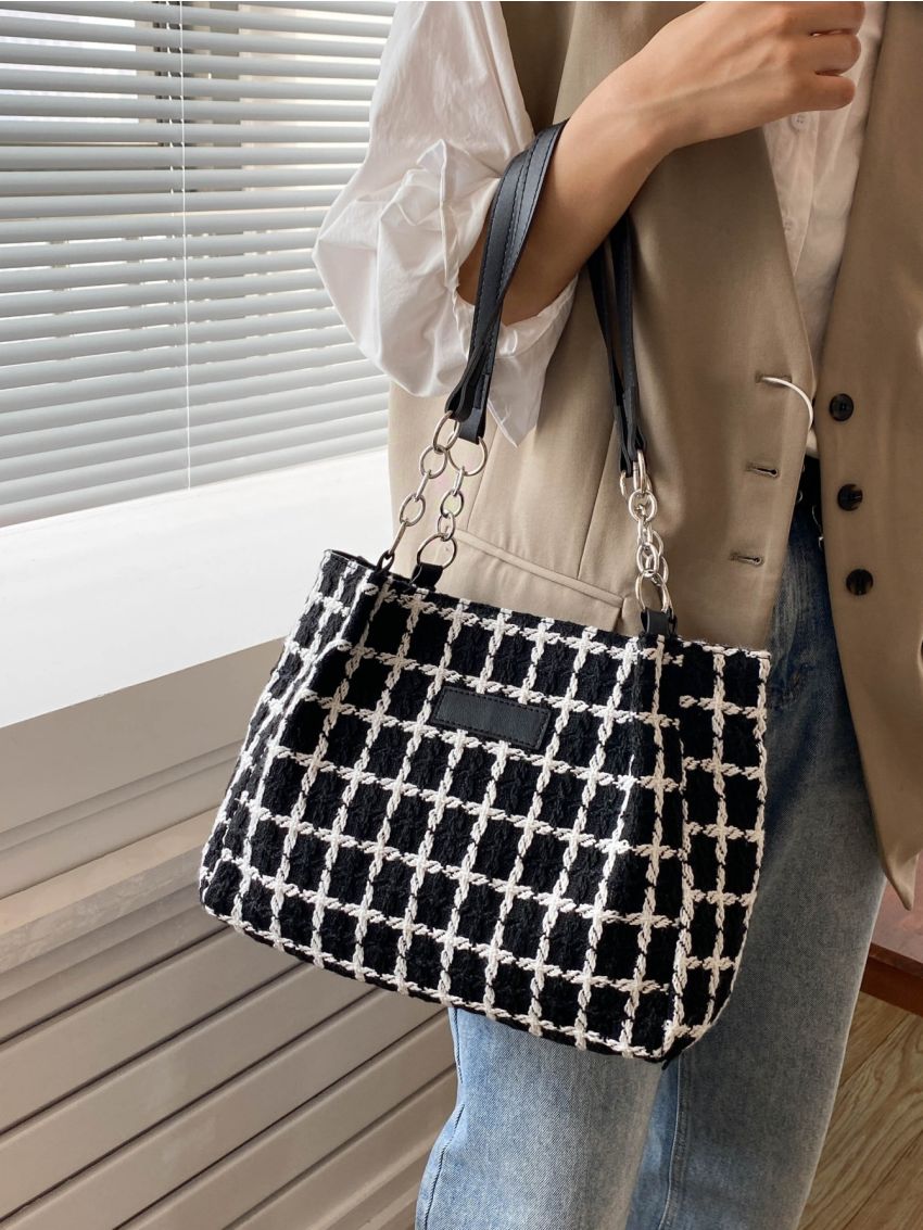 Plaid Pattern Patch Decor Chain Shoulder Tote Bag