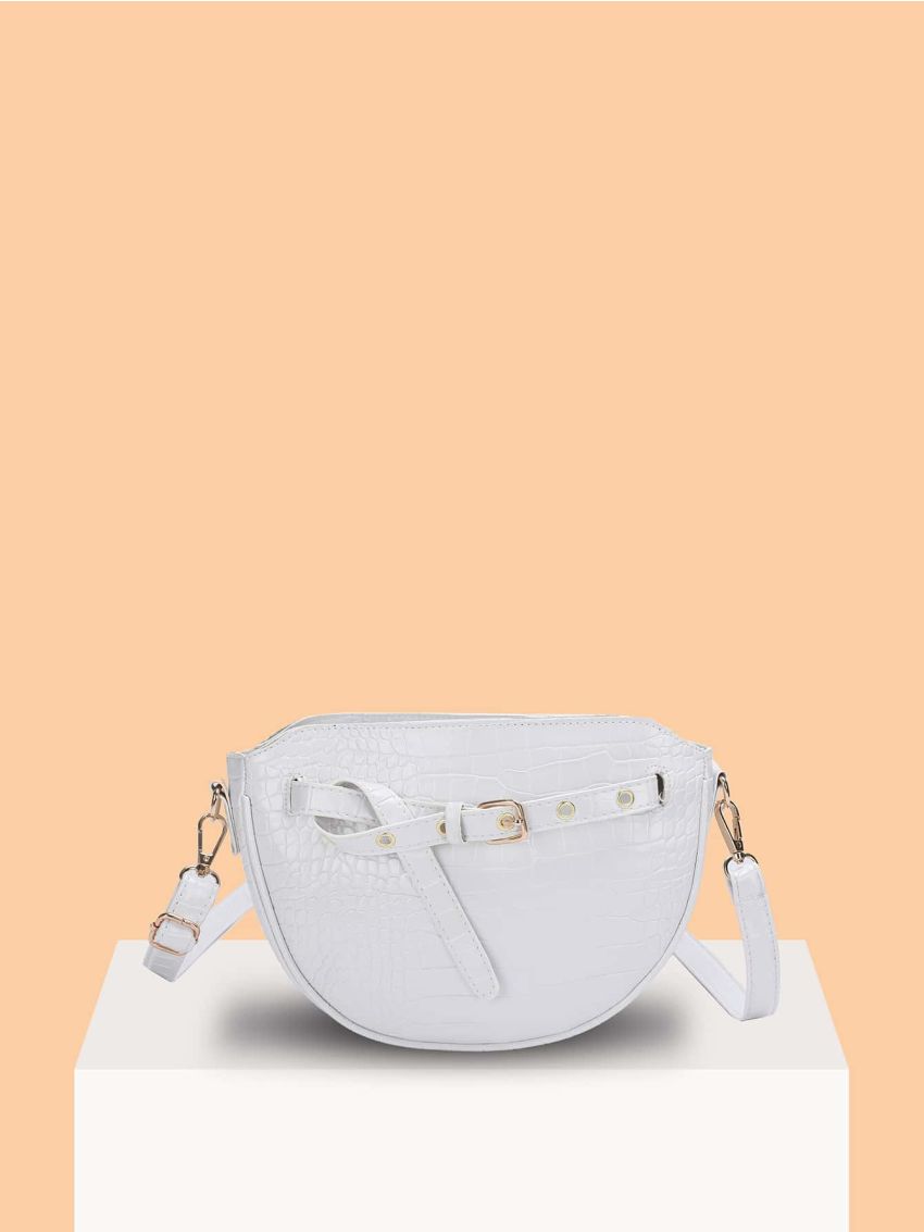 Crocodile Embossed Grommet Eyelet Decor Saddle Bag