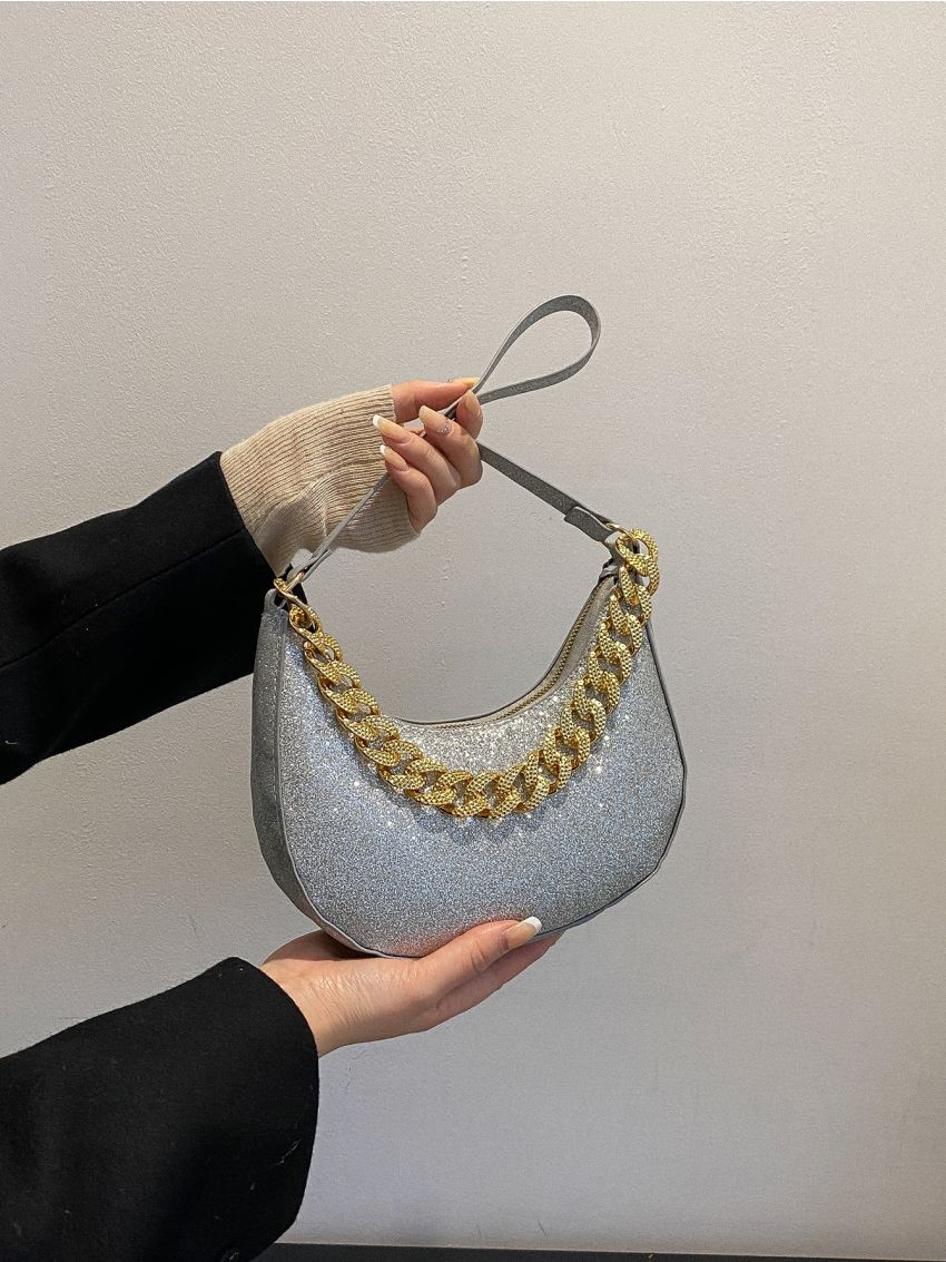 Glitter Chain Decor Hobo Bag