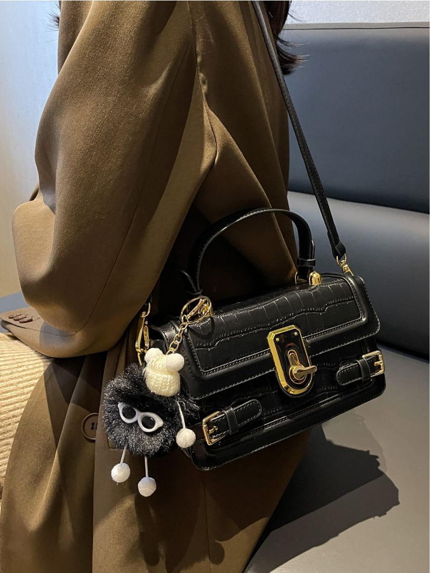 Crocodile Embossed Flap Square Bag With Bag Charm