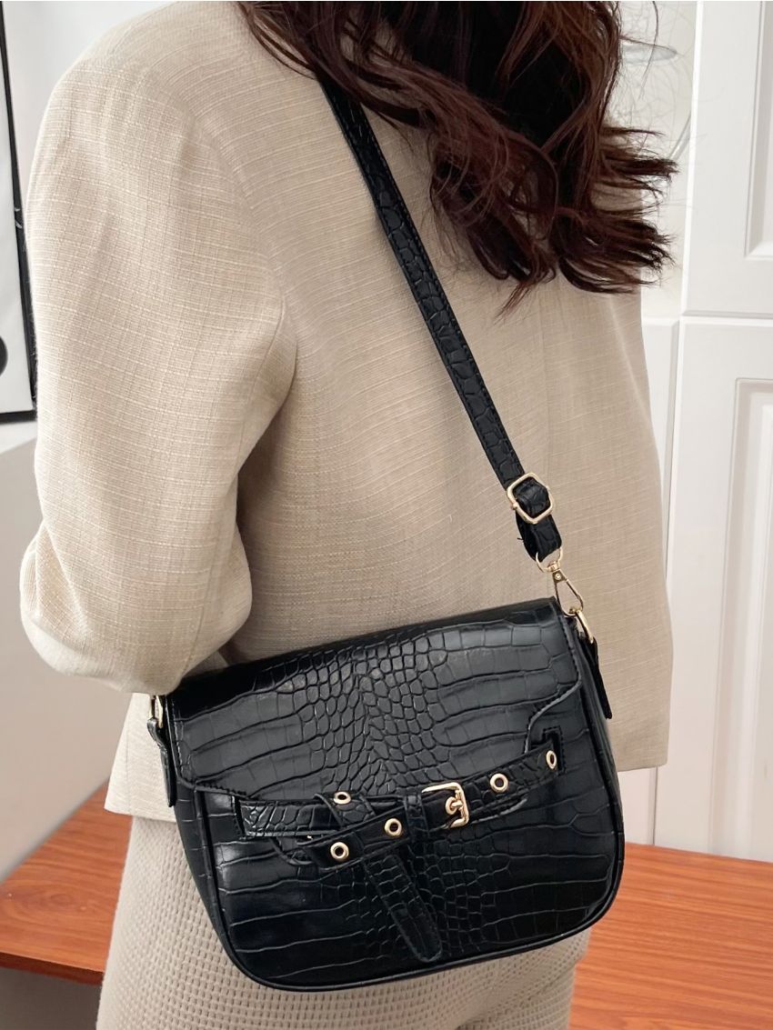 Crocodile Embossed Buckle Decor Square Bag