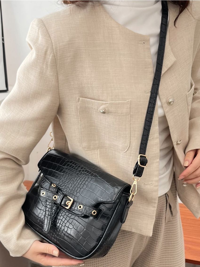 Crocodile Embossed Buckle Decor Square Bag