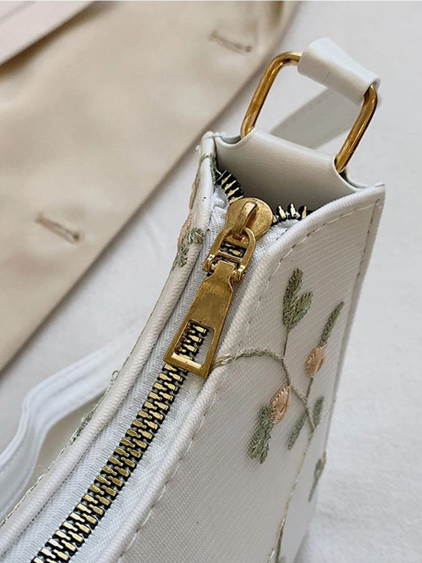 Floral Embroidery Baguette Bag