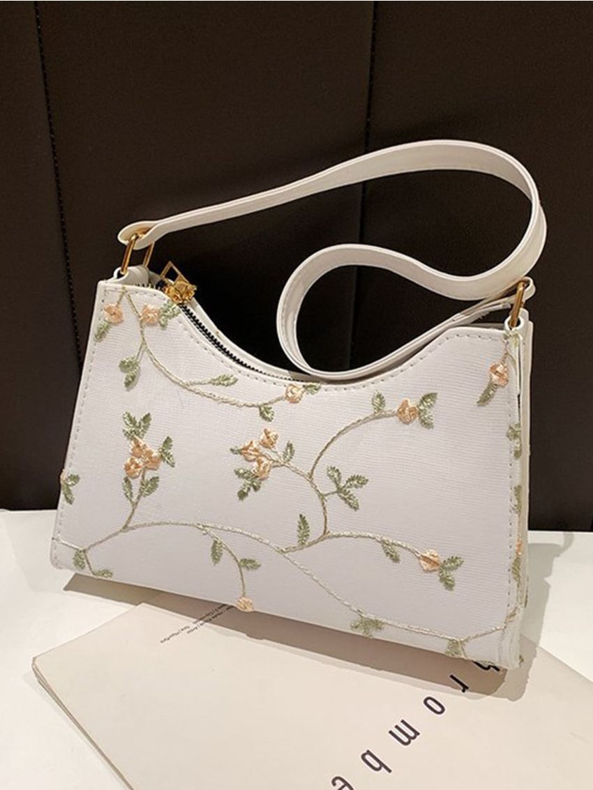 Floral Embroidery Baguette Bag