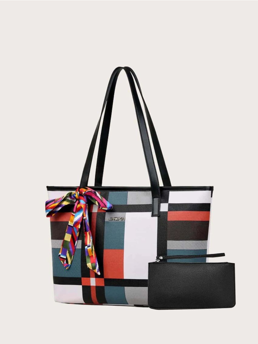 Colorblock Shoulder Tote Bag With Square Bag