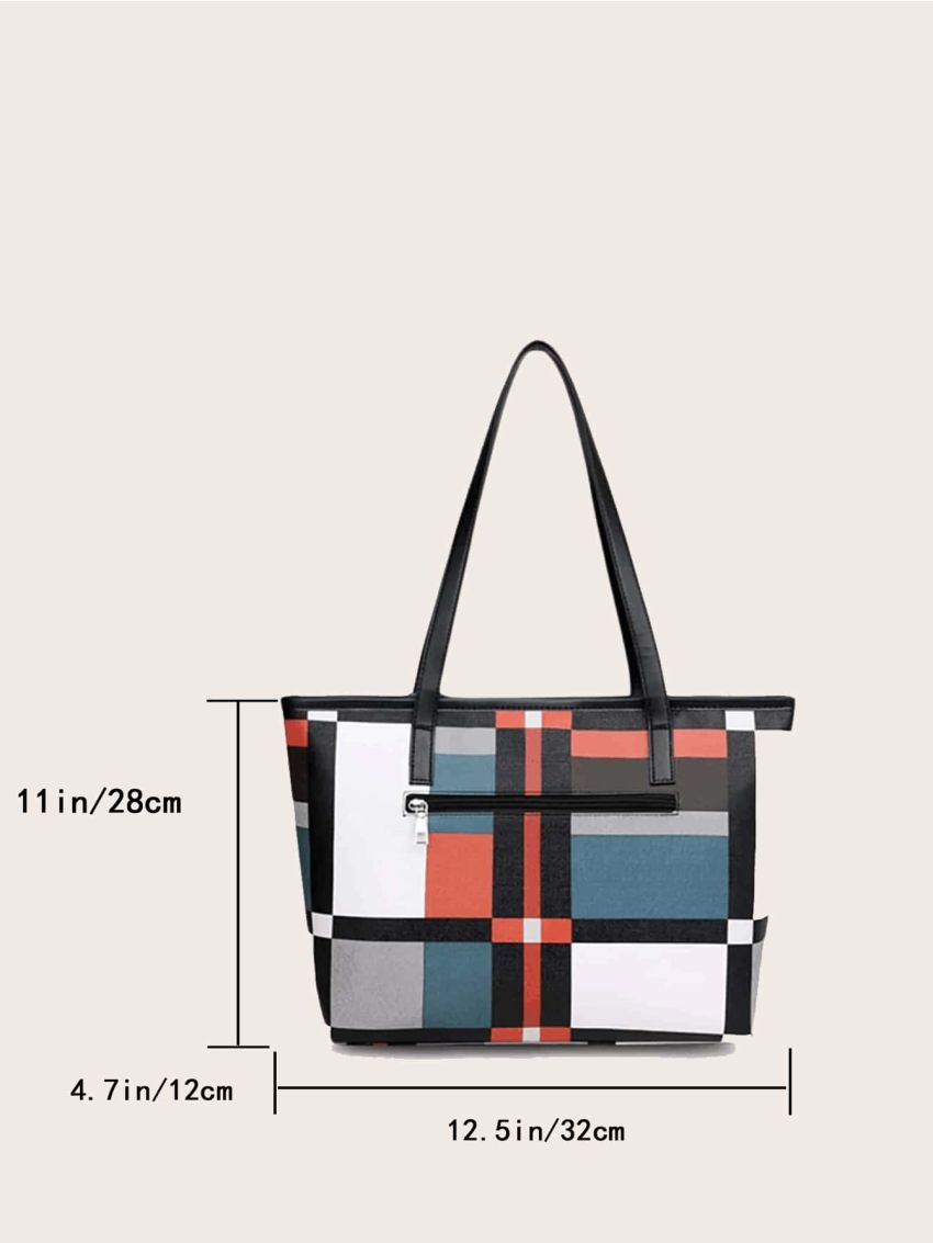 Colorblock Shoulder Tote Bag With Square Bag