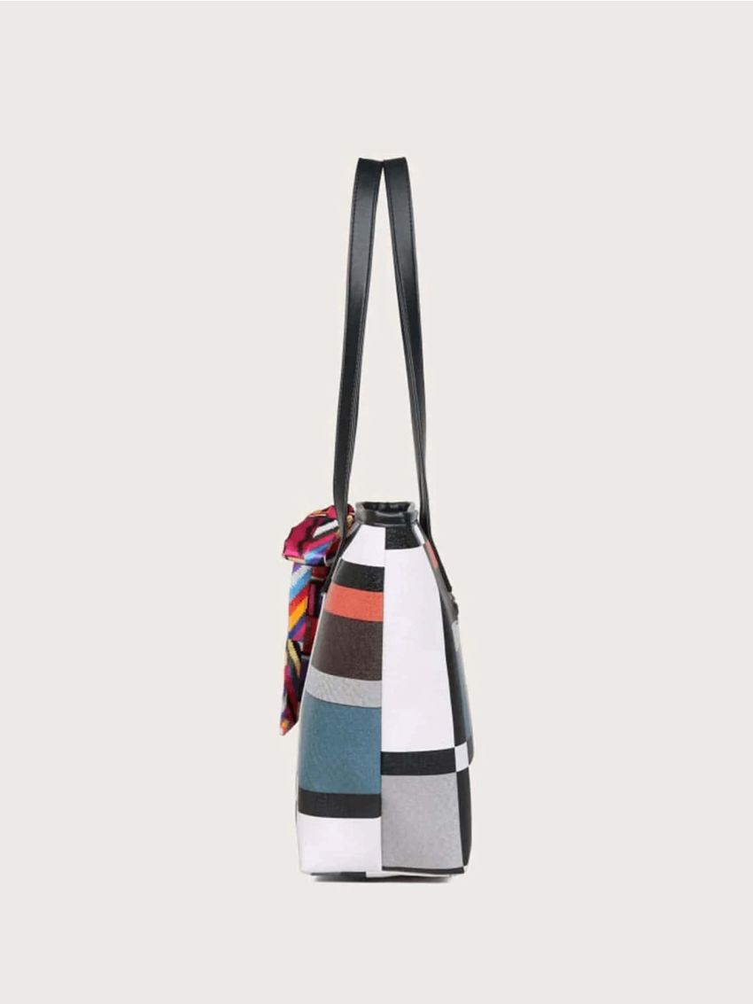 Colorblock Shoulder Tote Bag With Square Bag