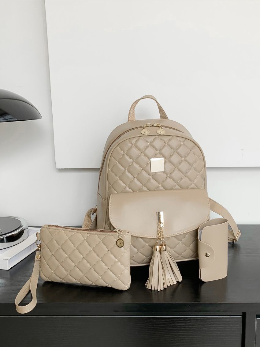 3pcs Quilted Tassel & Metal Decor Classic Backpack Set