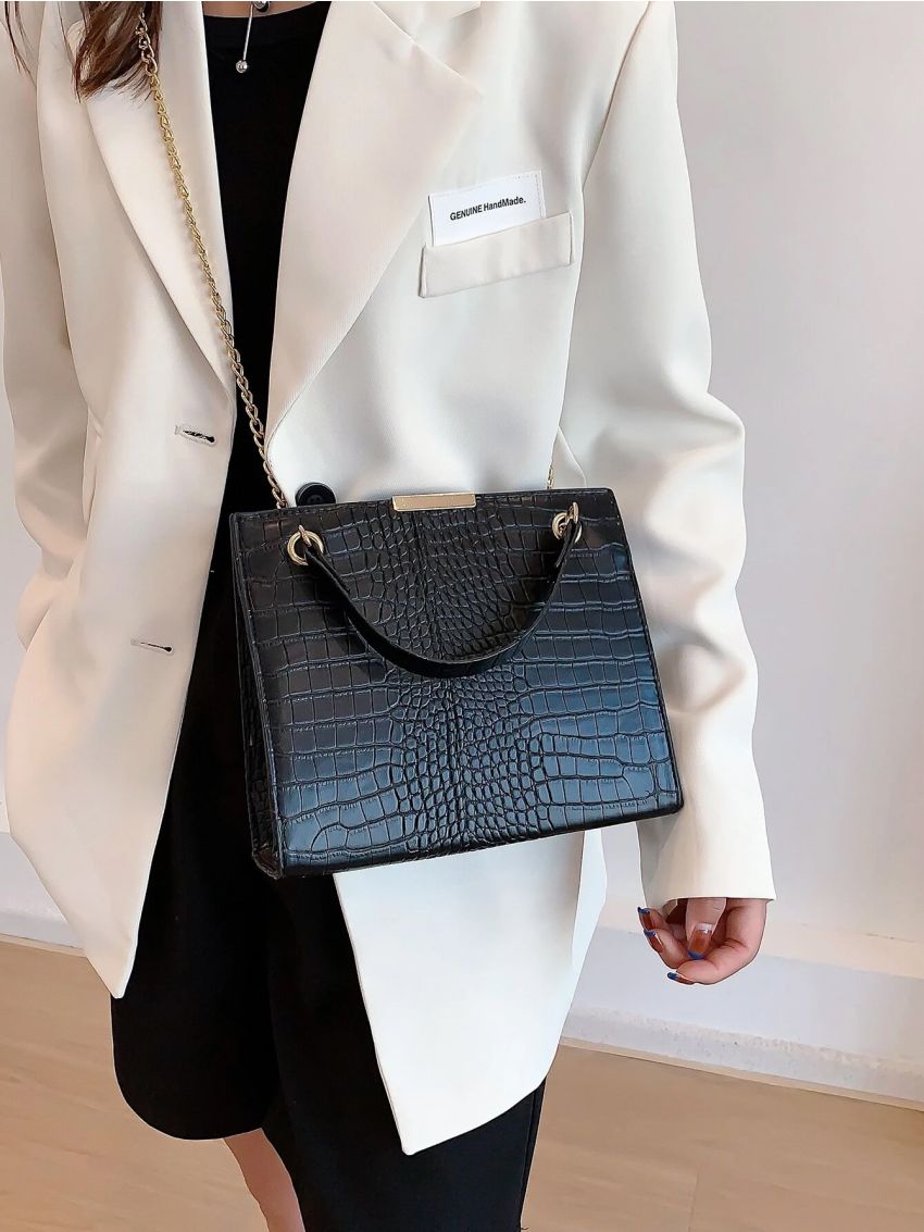 Crocodile Embossed Chain Square Bag
