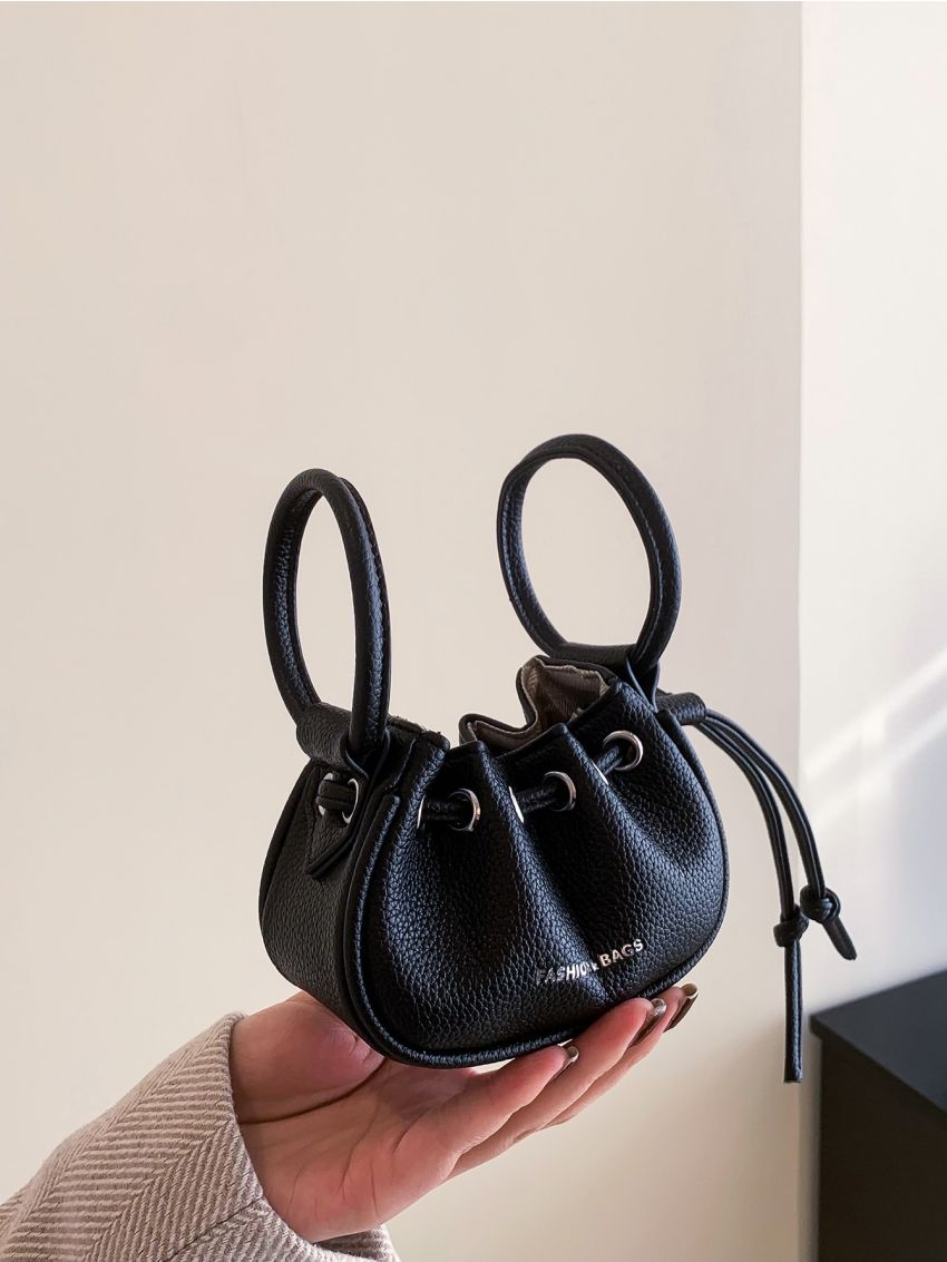 Mini Letter Graphic Litchi Embossed Drawstring Ruched Bag