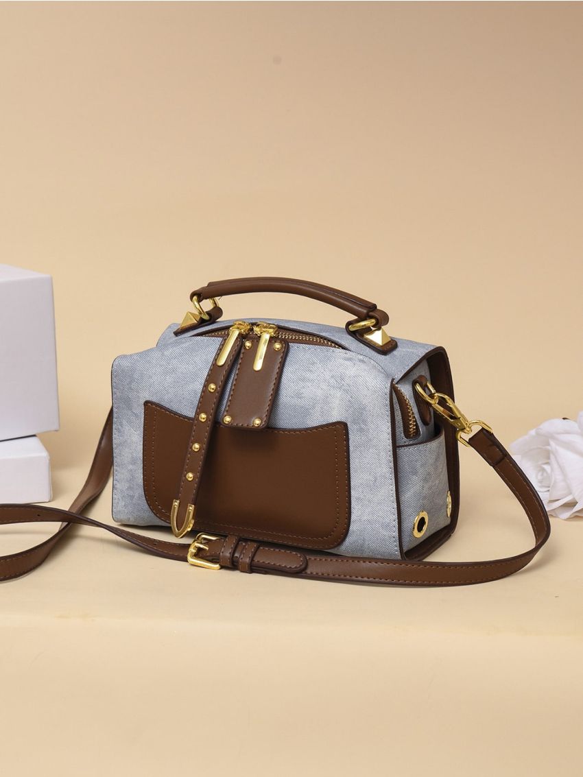 Two Tone Studded Decor Bucket Bag