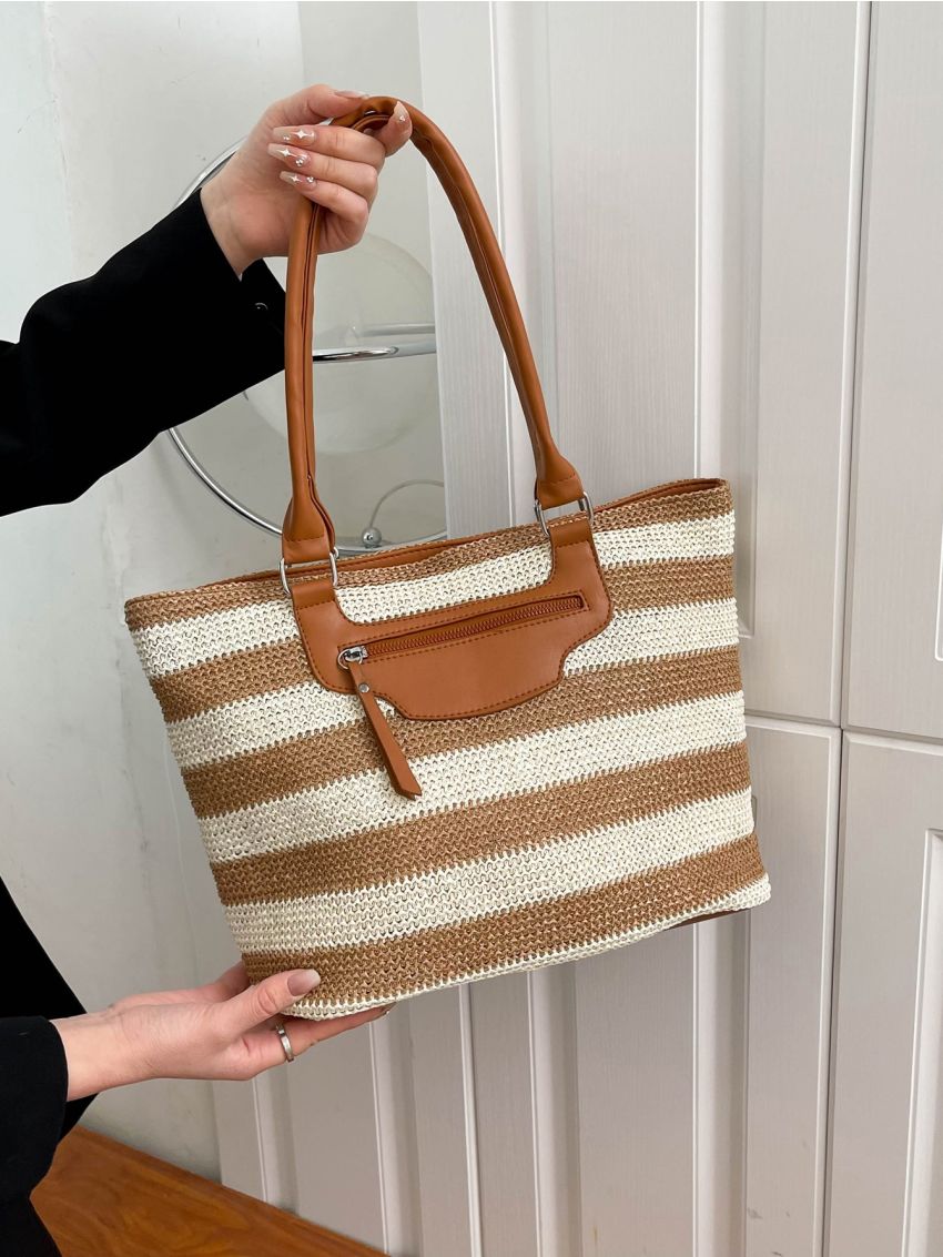 Striped Pattern Double Handle Tote Bag