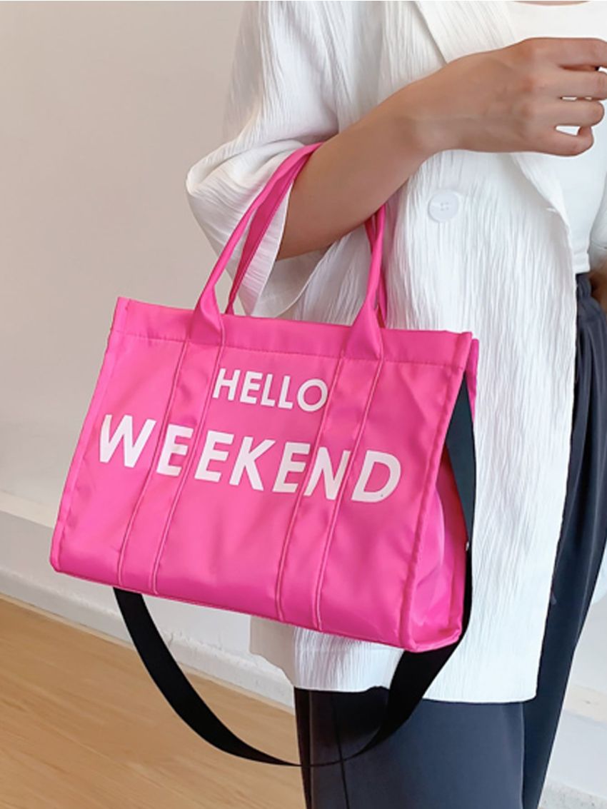 Neon Pink Slogan Graphic Shoulder Tote Bag