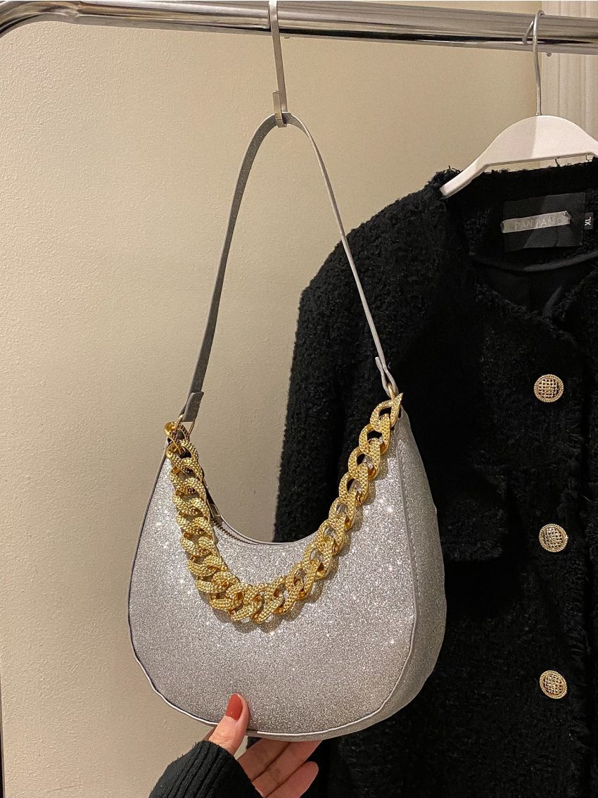 Glitter Chain Decor Hobo Bag