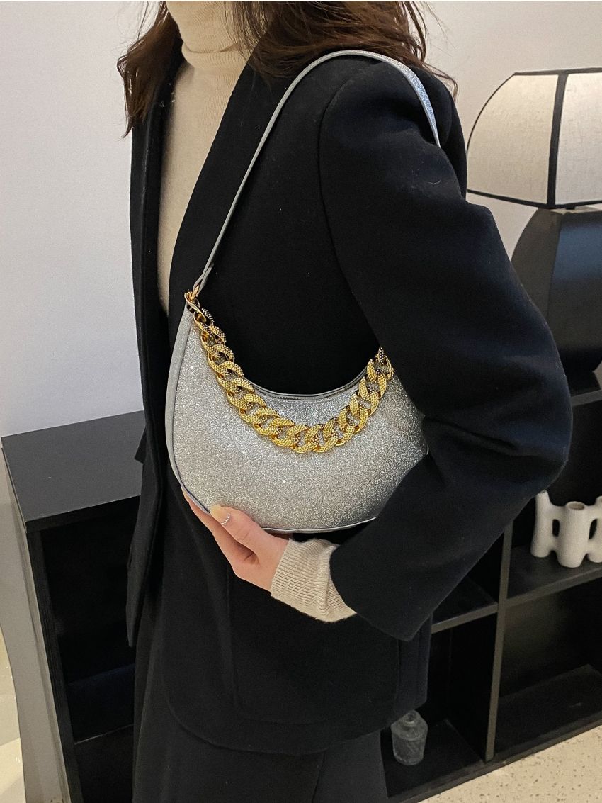 Glitter Chain Decor Hobo Bag