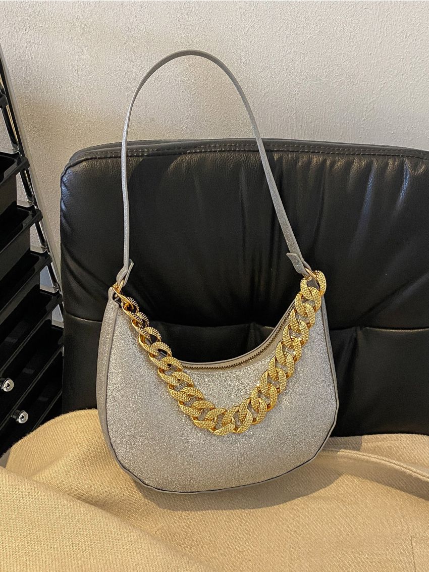 Glitter Chain Decor Hobo Bag