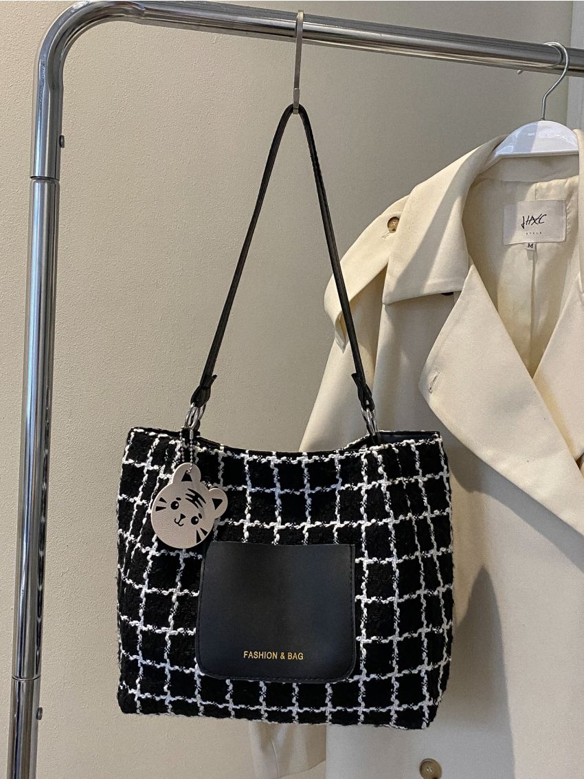 Colorblock Plaid Letter Print Square Bag With Cartoon Bag Charm