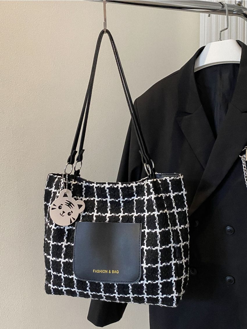 Colorblock Plaid Letter Print Square Bag With Cartoon Bag Charm