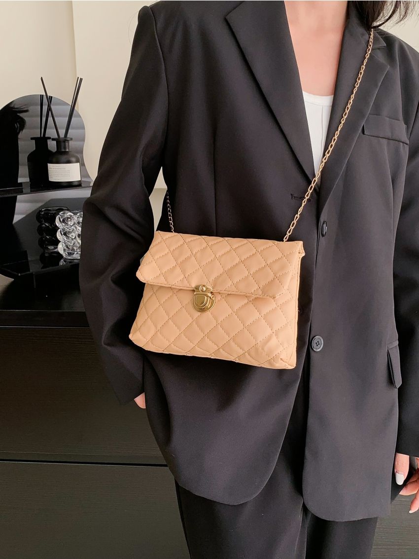 Quilted Push Lock Flap Chain Square Bag